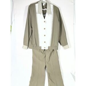 VTG Regal 2Piece Pantsuit Women Green/White Sz 8/M Striped Collar Button‎ Up